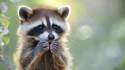 Fototapeta premium Adorable baby raccoon closeup portrait soft natural light wildlife photography