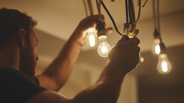 Man Installing Light Bulbs in a Dimly Lit Room