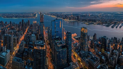 Fototapeta premium Panoramic view of New York City skyline at twilight.
