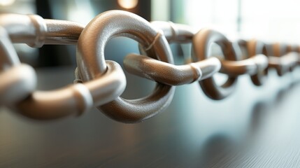 Naklejka premium Close-up of a metal chain with large interconnected links on a smooth surface with natural lighting and a blurred background, illustrating strength and connectivity