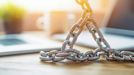 Close-up of a silver metal chain arranged in a loop on a wooden surface illuminated by warm sunlight with blurred background including a laptop and plant