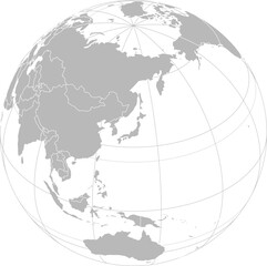 World vector map with country boundaries and graticules (Japan-centered view, orthographic projection, PPT-compatible & fully editable)