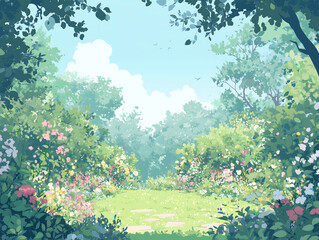 Serene Spring Garden Path Lush Greenery Blooming Flowers Tranquil Landscape