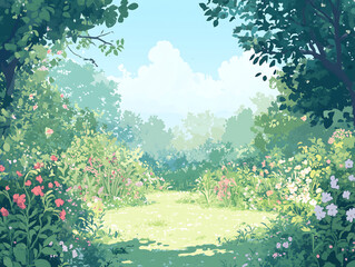 Serene Spring Garden Path Lush Greenery Blooming Flowers Sunny Day