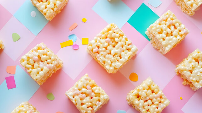 Delicious marshmallow crispy treats on a colorful checkered pastel background
