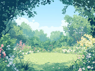 Serene Spring Garden Lush Greenery Blooming Flowers Sunny Meadow