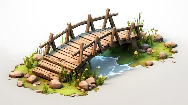 Wooden bridge damaged colorful isometric 3D