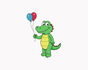 cartoon crocodile holding a balloon vector silhouette illustration isolated on white background