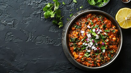 Pav bhaji steel plate lemon and chopped onion on side served on a dark textured surface Spicy buttery street style curry from Mumbai India moody food shot cut out on isolated transparent background