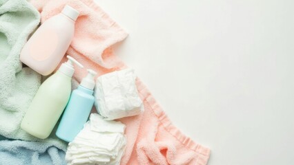 Baby care set with bottles, diapers and towels