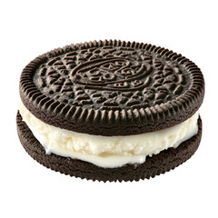 A photograph of an Oreo cookie sandwich with two cookies filled and covered in white ice cream
