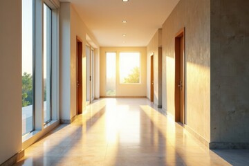 Obraz premium Bright morning light streams into a modern hallway, wall, neutral, space