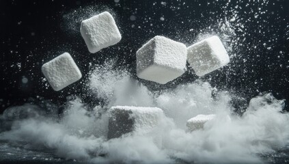 Whipped squares in mid-air, surrounded by powdered sugar explosion