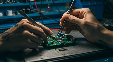 Assembling Circuit Board with Tweezers for Precision Electronics Work