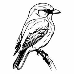 Obraz premium Black and white sketch of a songbird perched on a branch vector illustration.