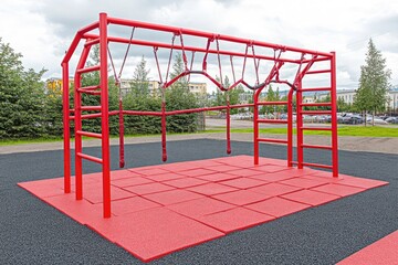 Red outdoor play structure with climbing ropes