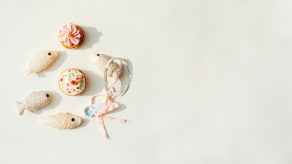 Pet treat flat lay with cookies and fish shapes