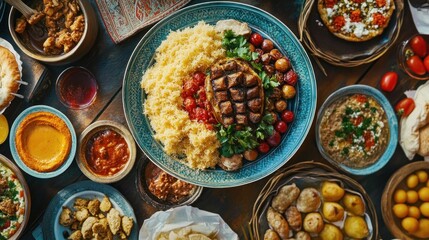 Diverse array of Middle Eastern dishes on a wooden table.  Colorful plates with various foods including rice, roasted vegetables, hummus, and grilled meats.  Appetizers and main courses are visible.