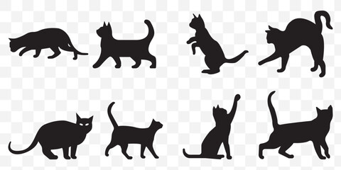a set of cat icons. Black Cat Silhouettes Vector Collection on Transparent Background. EPS 10.