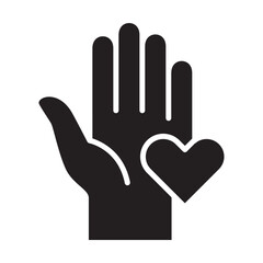 Palm hand with heart love symbol on it icon. Donation and charity icon. Symbol of fundraising, compassion, philanthropy, giving, care, humanity. Vector illustration.
