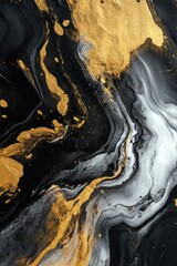 Obraz premium Artistic abstract painting showcasing swirling black white and gold colors
