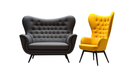 Fototapeta premium A high-back contemporary grey wool sofa paired with a mustard yellow art deco-style chair, 