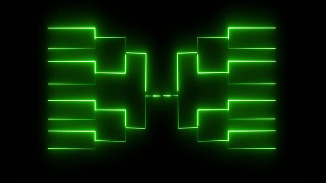 glowing neon or outline championship single elimination tournament bracket or tree diagram isolated on neon .green color neon line and black background .