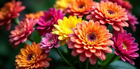Vibrant multi-colored chrysanthemums, lush bouquet Close-up view , vibrant, flowers, bright