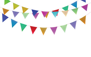 Fototapeta premium Festive Carnival garland colorful triangle flags, birthday paper party flags, decoration element simple flat style, vector illustration isolated on white background.
