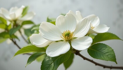The softly blossoming white dogwood blossoms are surrounded by verdant vegetation and rest against a pure white background.