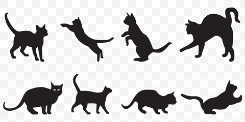 Set of silhouette cats in different poses. Isolated black cat on Transparent background. Vector illustration of elements for design decoration.cat vector silhouettes. EPS 10.