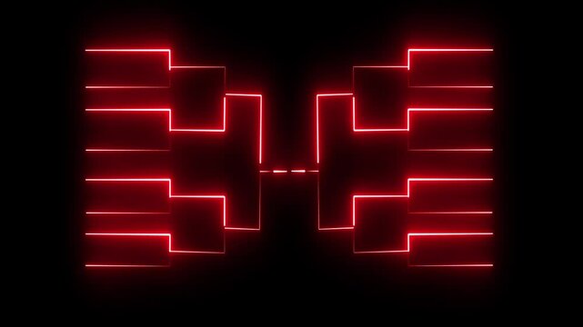 glowing neon or outline championship single elimination tournament bracket or tree diagram isolated on neon .red color neon line and black background .