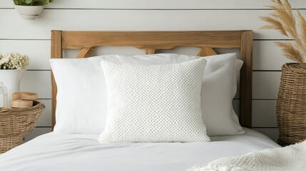 Cozy but minimal bedroom scene with one cushion resting on snow-white sheets and neutral surroundings