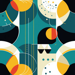Seamless geometric pattern with bold colors and clean lines, modern style for textile or wallpaper design.
