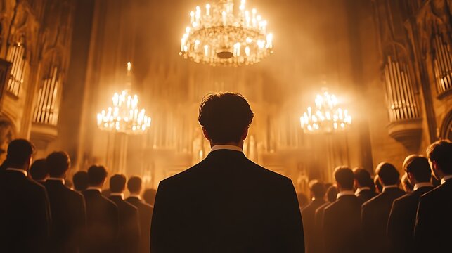 Men in suits attending a church choir rehearsal