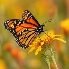 Fototapeta premium Monarch butterfly feeding on a flower. Vibrant orange and black wings on a golden flower meadow