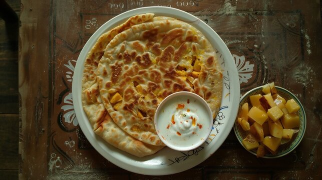 Top down view of golden and crispy aloo paratha served with fresh yogurt and a side of pickle on a white plate Indian stuffed flatbread from Punjab 