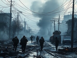 Soldiers walk war-torn city street; explosion aftermath; military action; stock photo