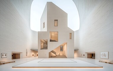 Modern stark white building interior with geometric architecture, natural light