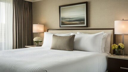 Muted hues and soft textures define a serene white bed with one neutral cushion in a calm space