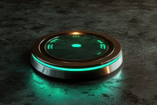 Futuristic, circular, glowing, metallic disc on dark surface