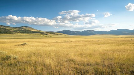 A vast, golden grassland stretches towards distant mountain ranges.