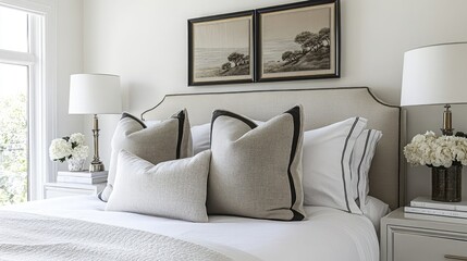 Neutral-toned cushion centered on a pristine white bed, surrounded by clean lines and minimal decor in a serene space