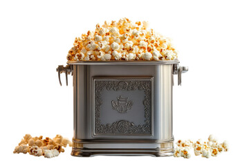 A delectable mountain of buttery popcorn overflows from an ornate silver container ready for on transparent background