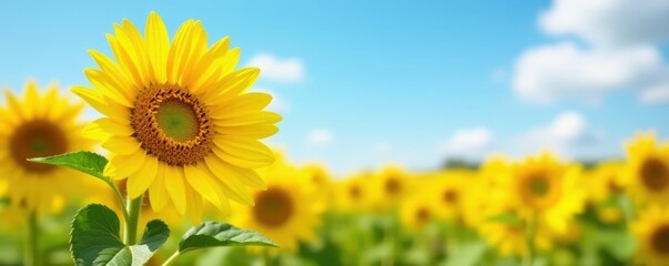 Obraz premium Vibrant yellow sunflowers, sunny field backdrop, flower, nature