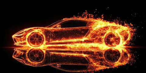 fiery digital sports car illustration with reflection in a futuristic style