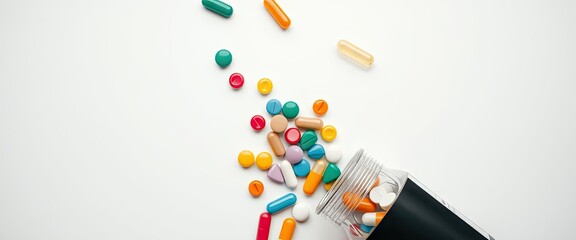 Colorful pills spilling from jar