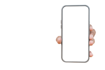 Close up of Man hand holding smartphone on white background