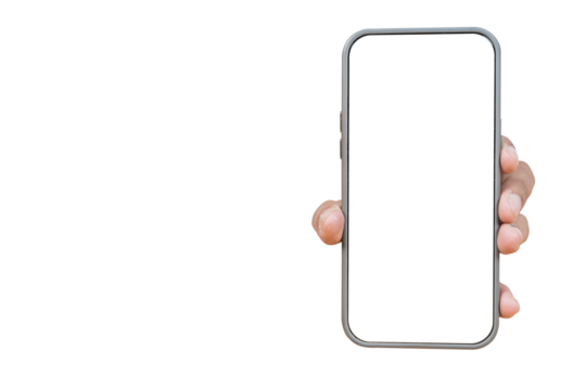 Close up of Man hand holding smartphone on white background