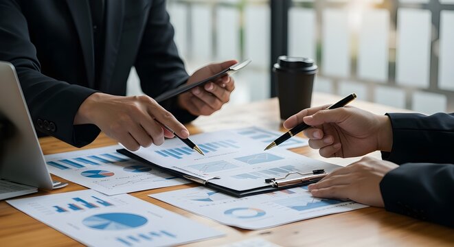 Reuni&oacute;n de personas de negocios para analizar, discutir y generar ideas sobre los datos del gr&aacute;fico del informe financiero en la oficina. Trabajo en equipo del asesor financiero y concepto de contabil